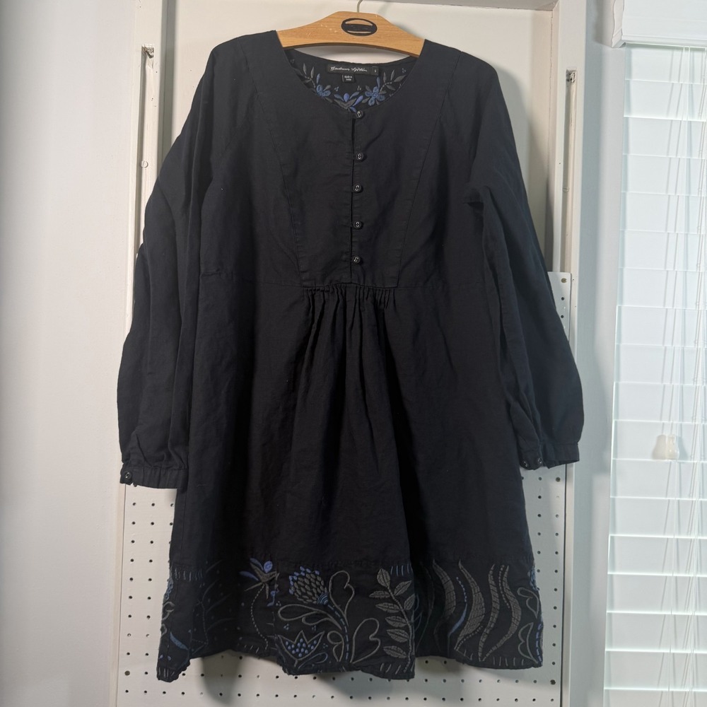 Gudrun Sjöden A-Line Dress Womens Black Floral Embroidered Linen Pleated - Small